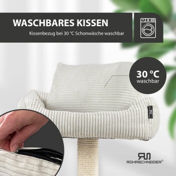 Waschbares Haustierkissen mit abnehmbarem Bezug, maschinenwaschbar bei 30°C, mit einer Nahaufnahme des Reißverschlusses und des Markenlogos.