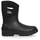 Schwarzer wasserdichter Gummistiefel mit einer strukturierten Sohle, mit einem Logo, das "Two Tracks" in Grün und Weiß liest.