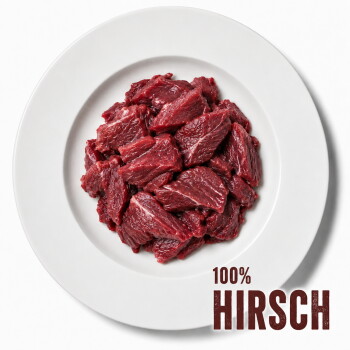 Dosenfutter für Hunde mit der Bezeichnung "Hirsch Pur" in grünem Design, mit den Angaben "hypoallergen", "einzelnes Protein" und "100% Muskelfleisch".