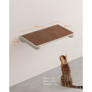 Ein wandmontiertes Katzenregal mit einer braunen strukturierten Oberfläche, Maße 46,6 cm x 28 cm x 7,4 cm, neben einer Bengal-Katze namens Milo, 2 Jahre alt, 5 kg schwer.