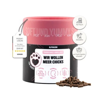 Trainingssnack für Hunde, beschriftet mit "Wir wollen Meer Chicks", mit Huhn und Lachs. Weiche Textur, getreidefrei, mit einem rosa Deckel.
