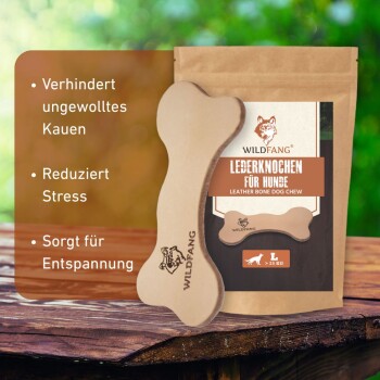 Ein Leder-Hundekauknochen neben einer Verpackung, die mit "WILDFANG LEDERKNOCHEN FÜR HUNDE" gekennzeichnet ist und Vorteile wie Stressabbau und Entspannung hervorhebt.