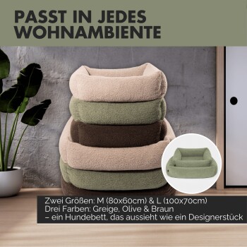 Ein Stapel plüschiger Hundebetten in drei Farben: Beige, Oliv und Braun, mit Text, der Größen und Designansprüche hervorhebt.