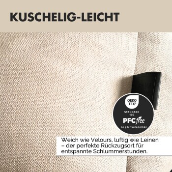 Orthopädisches Hundebett mit Memory-Schaum-Technologie, mit einer plüschigen, beigen Basis und einer strukturierten blauen Schaumstoffmatratze.