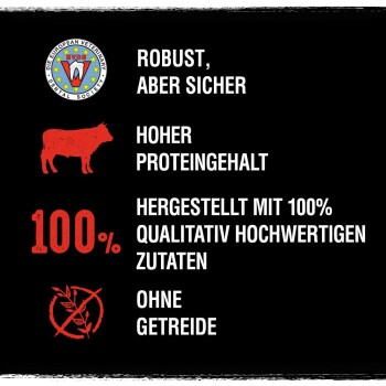 Étiquette de nourriture pour animaux de compagnie avec une icône de vache, indiquant "Robuste, mais sûr," "Haute teneur en protéines," "100% d'ingrédients de haute qualité," et "Sans céréales."