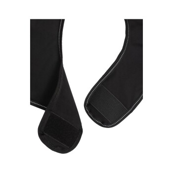 Schwarzes Haustiergeschirr mit verstellbaren Klettverschlüssen, mit weißen Nähten entlang der Kanten.