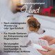 Kleiner braun-weißer Hund, dessen Pfote mit einem Verband eingewickelt wird, mit deutschem Text über Hundepflege und Genesung.