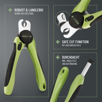 Haustier-Nagelknipser mit Klinge aus rostfreiem Stahl, ergonomischen grün-schwarzen Griffen, mit Sicherheitsfunktion und enthaltenem Nagelfeile.