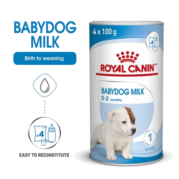Royal Canin Babydog Milk canister, 4 x 100g, for puppies 0-2 months, labeled "Easy to reconstitute" with a puppy graphic.