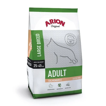 Eine Tüte Arion Original Hundefutter für große Rassen, mit Lachs und Reis, gekennzeichnet mit 'Erwachsene' und 'Glutenfrei', mit einem Gewicht von 25-45 kg.