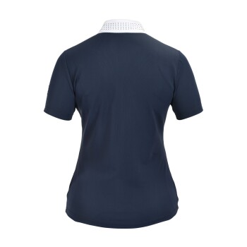 Navy-blaues Poloshirt mit einem weißen gepunkteten Kragen, von hinten gezeigt.