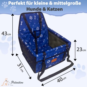 Blauer Haustierautositz mit Pfoten- und Knochenmustern, Maße 43 cm Höhe, 40 cm Breite, 31 cm Tiefe, geeignet für kleine bis mittelgroße Hunde und Katzen.