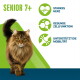 Langhaarige braune Katze läuft; Text „SENIOR 7+“ und grüne Symbole mit deutschen Beschriftungen: STARKES HERZ; GESUNDE ZELLFUNKTION; UNTERSTÜTZT DIE MOBILITÄT