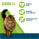 Langhaarige braune Katze läuft; Text „SENIOR 7+“ und grüne Symbole mit deutschen Beschriftungen: STARKES HERZ; GESUNDE ZELLFUNKTION; UNTERSTÜTZT DIE MOBILITÄT