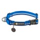 Blauer Hundehalsband mit reflektierenden Streifen, mit einem schwarzen 'RUFFWEAR'-Logo und einem Anhänger mit einem Symbol ohne Glocke.