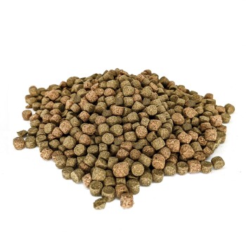 Ein Haufen kleiner, runder Haustierfutterpellets in verschiedenen Brauntönen und Grüntönen, vor einem weißen Hintergrund.