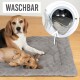 Ein Beagle und ein kleiner Hund liegen auf einer weichen, grauen Haustierdecke mit der Aufschrift 'WASCHBAR', mit einem Bildausschnitt, der die Decke in einer Waschmaschine zeigt.