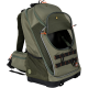 Olivgrüner Haustiertrage-Rucksack mit Netzpaneelen, verstellbaren Riemen und einer oberen Öffnung. Mit Clips und einem Logo-Patch.