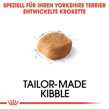 Futterpellets, die speziell für Yorkshire Terrier entwickelt wurden, mit einem einzelnen Stück Futterpellet mit einer Skizze und dem Text "Maßgeschneiderte Pellets."