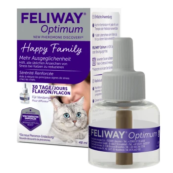 FELIWAY Optimum Katzenpheromon-Diffusor, 48 ml, fördert eine glückliche Familie, indem er Stress bei Katzen reduziert, mit hervorgehobenen Anwendungshinweisen und Vorteilen.
