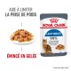 Pochette de nourriture pour chat Royal Canin Light Weight avec une assiette de viande hachée en gelée ; le texte met en avant les avantages et résultats de la gestion du poids.