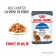 Pochette de nourriture pour chat Royal Canin Light Weight avec une assiette de viande hachée en gelée ; le texte met en avant les avantages et résultats de la gestion du poids.