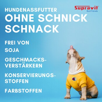 Supravit Best Friends Logo mit deutschem Text „hochwertiges Futter und leckere Kauartikel für Hunde“ und zwei Hundesilhouetten.