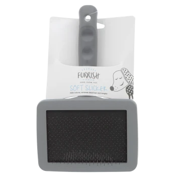 Grey Furrish 'Soft Slicker' pet brush - grey handle, black pin pad, white hangtag with 'FURRISH' and 'SOFT SLICKER' text.