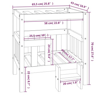 Illustration eines Haustierbettes mit in Zentimetern und Zoll beschrifteten Abmessungen, das einen Holzrahmen mit einem unteren Stauraum zeigt.
