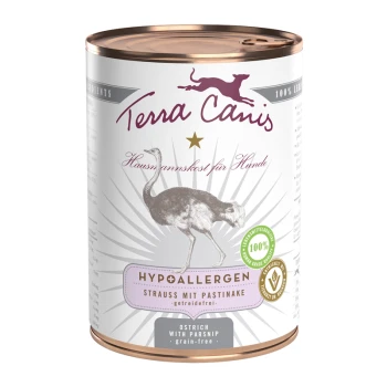 Dosenfutter für Hunde, beschriftet mit "Terra Canis", mit einer Illustration eines Straußes, mit dem Text "Hypoallergen Strauß mit Pastinake, getreidefrei."
