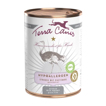 Dosenfutter für Hunde, beschriftet mit "Terra Canis", mit einer Illustration eines Straußes, mit dem Text "Hypoallergen Strauß mit Pastinake, getreidefrei."