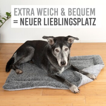 Ein schwarzer und grauer Hund liegt bequem auf einem plüschigen, grauen Hundebett. Der Text oben lautet "EXTRA WEICH & BEQUEM = NEUER LIEBLINGSPLATZ."
