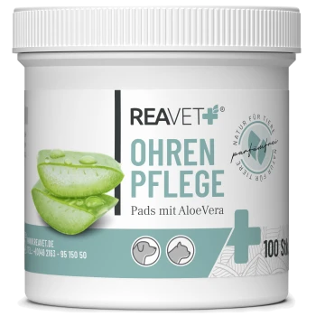 Behälter mit REAVET+ Ohrpflege-Pads mit Aloe Vera, beschriftet mit "OHREN PFLEGE," mit Bildern von Aloe-Blättern und Symbolen für die Verwendung bei Hunden und Katzen, 100 Pads.
