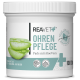 Behälter mit REAVET+ Ohrpflege-Pads mit Aloe Vera, beschriftet mit "OHREN PFLEGE," mit Bildern von Aloe-Blättern und Symbolen für die Verwendung bei Hunden und Katzen, 100 Pads.