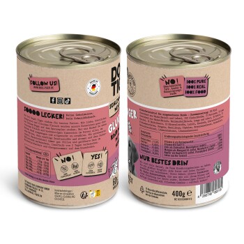 Dosenhundefutter "Dogs Tiger" mit pinkem und braunem Design, das Zutaten, Nährstoffe und 100% reine Ansprüche hervorhebt.