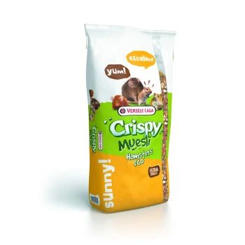Un sac de Versele-Laga Crispy Muesli pour hamsters, avec des graphiques colorés de divers petits animaux, avec le texte 'yUm !' et 'excellent !'