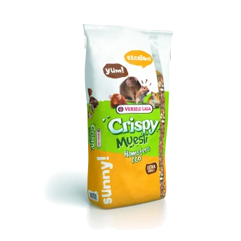 Un sac de Versele-Laga Crispy Muesli pour hamsters, avec des graphiques colorés de divers petits animaux, avec le texte 'yUm !' et 'excellent !'