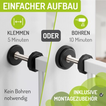 Bild zeigt zwei Installationsoptionen für Haustiergitter: "KLEMMEN" (5 min, klemmen) und "BOHREN" (10 min, bohren), ohne dass gebohrt werden muss.