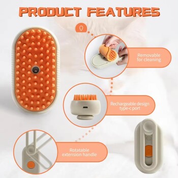 Pflegewerkzeug mit einem orangefarbenen Bürstenkopf, abnehmbar zur Reinigung, wiederaufladbar über Type-C und mit einem drehbaren Verlängerungsgriff.