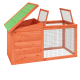 Holzgehege für Haustiere mit einem grünen Filzdach und Drahtgitterseiten, mit zwei schwenkbaren Öffnungen für einfachen Zugang.
