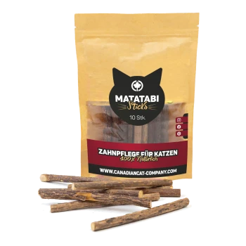 Matatabi-Stäbe für Katzen, verpackt in einer braunen Tüte mit einem schwarzen Katzenlogo, mit dem Text "ZAHNPLEGE FÜR KATZEN 100% Natürlich."