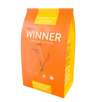Orange bag of "Winner Premium Cat Food" featuring a chicken flavor, with a colorful cat illustration and icons for health benefits.