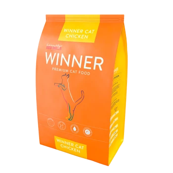 Orange bag of "Winner Premium Cat Food" featuring a chicken flavor, with a colorful cat illustration and icons for health benefits.