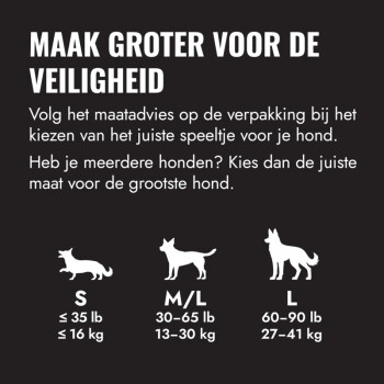 Poster: 'MAAK GROTER VOOR DE VEILIGHEID' met hondensilhouetten en maattabel S ≤35 lb/≤16 kg; M/L 30–65 lb/13–30 kg; L 60–90 lb/27–41 kg.