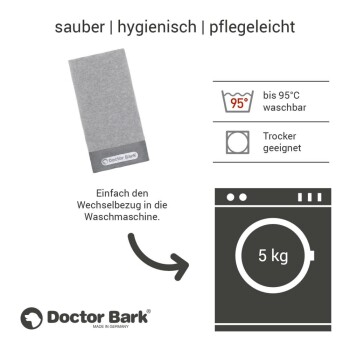 Grauer Haustierbettbezug von Doctor Bark, maschinenwaschbar bis 95°C, trocknergeeignet, mit Anweisungen zur einfachen Reinigung.