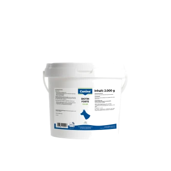 Weißer 2.000 g Canina Biotin Forte Pulver-Eimer für Hunde, weißer Behälter mit blauem Hundesilhouette und Etikett "Inhalt: 2.000 g".