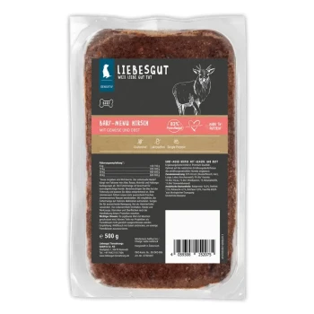 Vakuumverpackte Liebesgut-BARF-Menüpackung Hirsch, 500 g, Hirsch-Illustration, Aufschriften „83% Fleischanteil“ und „Mit Gemüse und Obst“