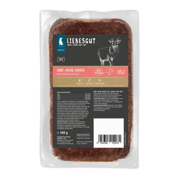 Vakuumverpackte Liebesgut-BARF-Menüpackung Hirsch, 500 g, Hirsch-Illustration, Aufschriften „83% Fleischanteil“ und „Mit Gemüse und Obst“