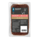 Vakuumverpackte Liebesgut-BARF-Menüpackung Hirsch, 500 g, Hirsch-Illustration, Aufschriften „83% Fleischanteil“ und „Mit Gemüse und Obst“