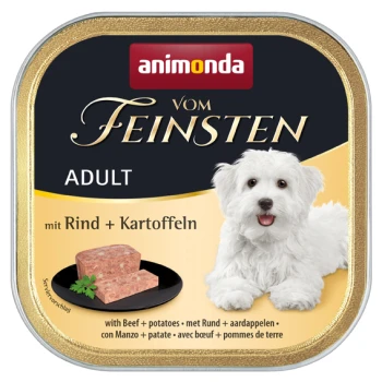 Dose mit Nassfutter für Hunde mit einem weißen Hund auf dem Etikett, mit "animonda vom Feinsten ADULT mit Rind + Kartoffeln" und einer Fleischportion.